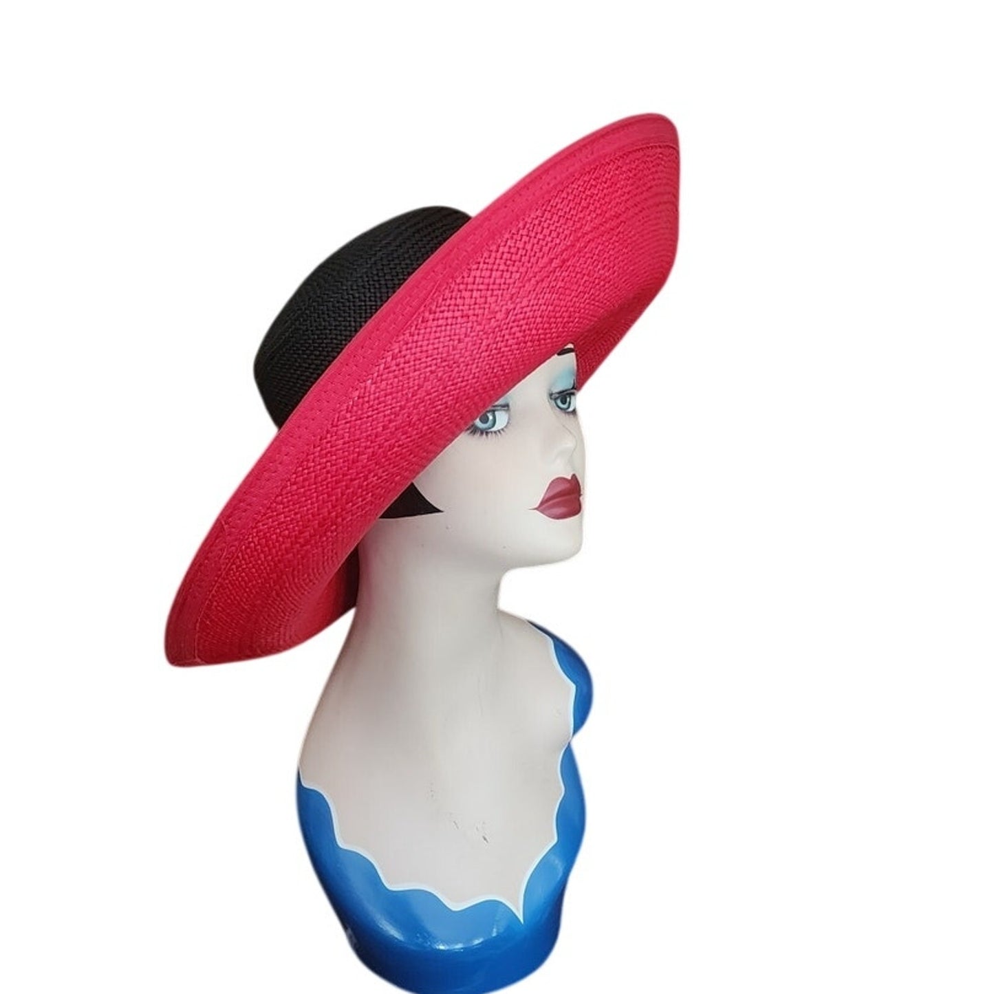 Vintage 1980s Kokin Hat Wide Brim Sun Straw Fuchsia Red Black Summer Oversized