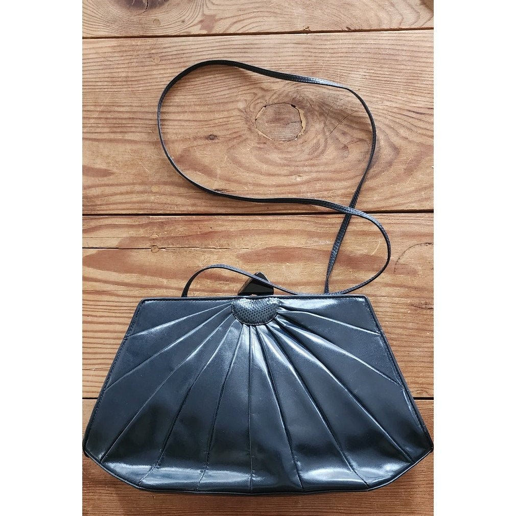 Vintage 80s Art Deco Purse Shoulder Bag / Clutch Navy Blue Leather Jay Herbert