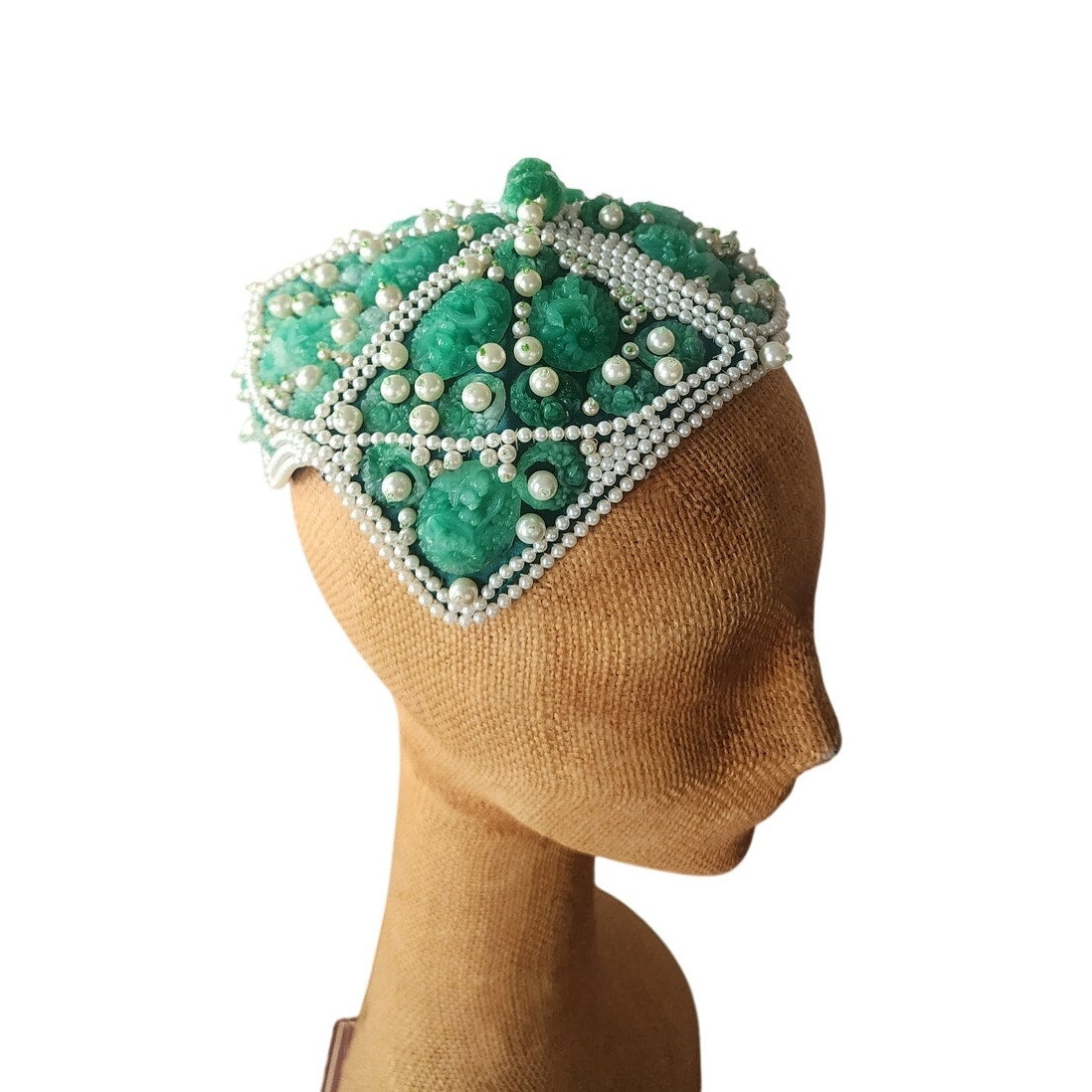 Vintage 1950s Green Beaded Cocktail Hat a la Bes-Ben