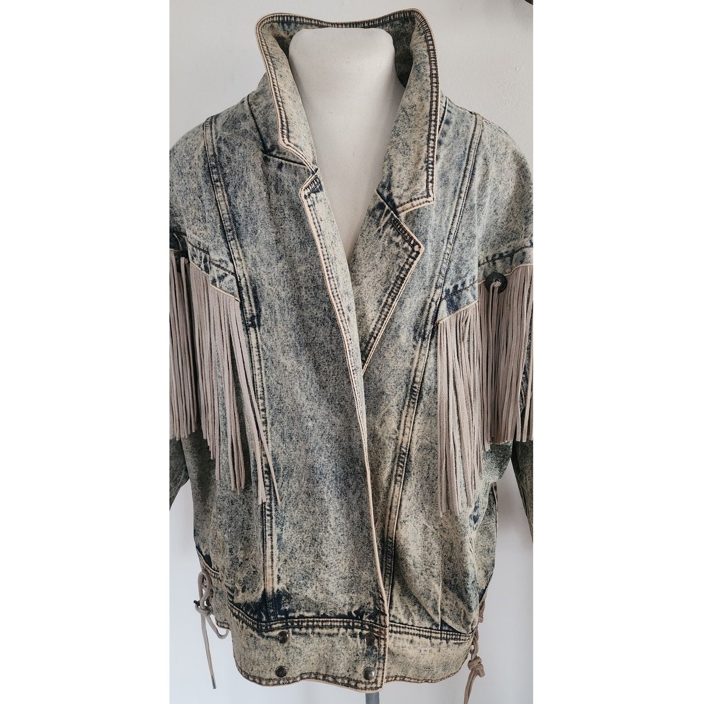 Vintage 80s Rock Creek Trading Co Acid Wash Denim Jacket PLUS SIZE Leather Fringe, Western Style