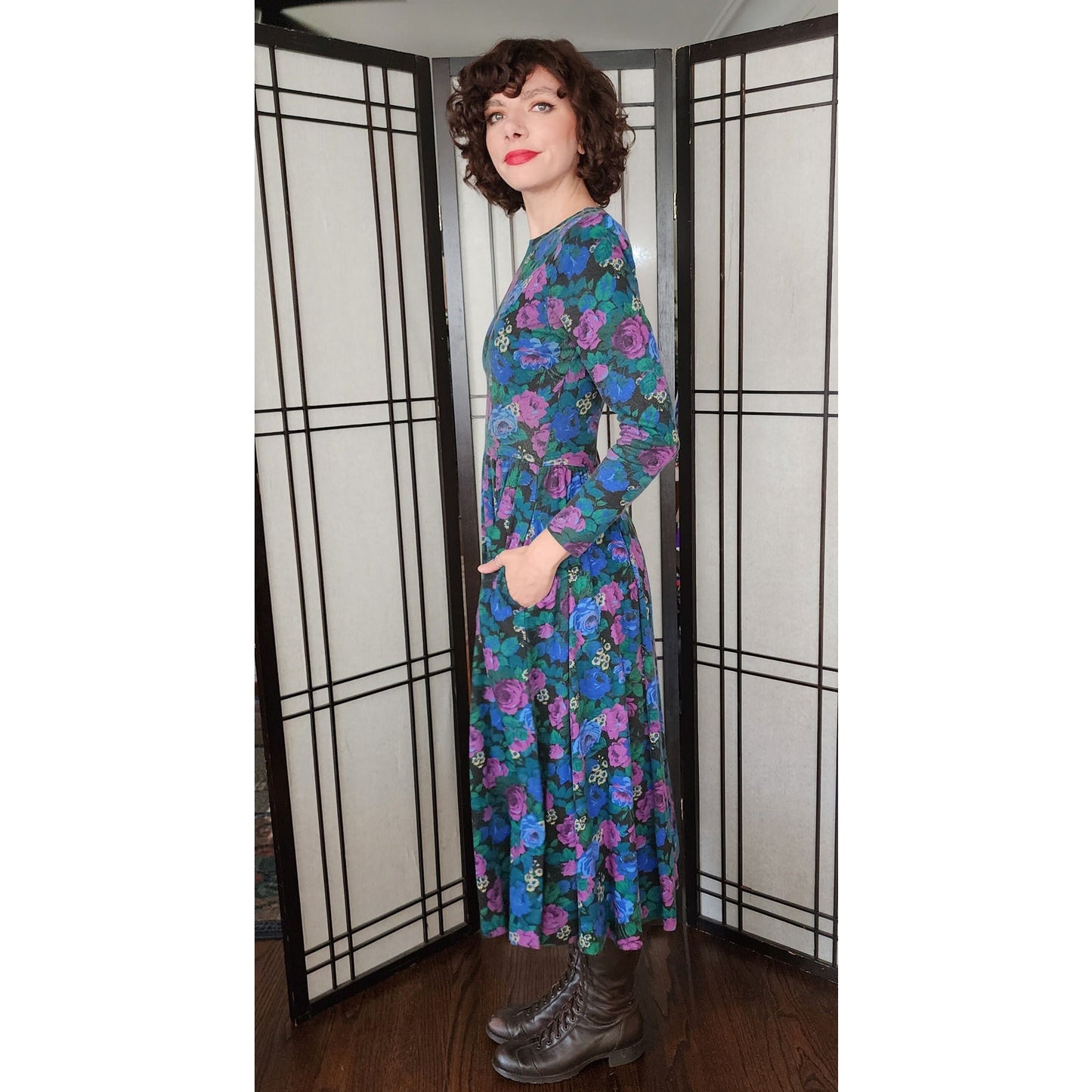 Vintage 80s Floral Print Dress Drop Waist Long Sleeves Express