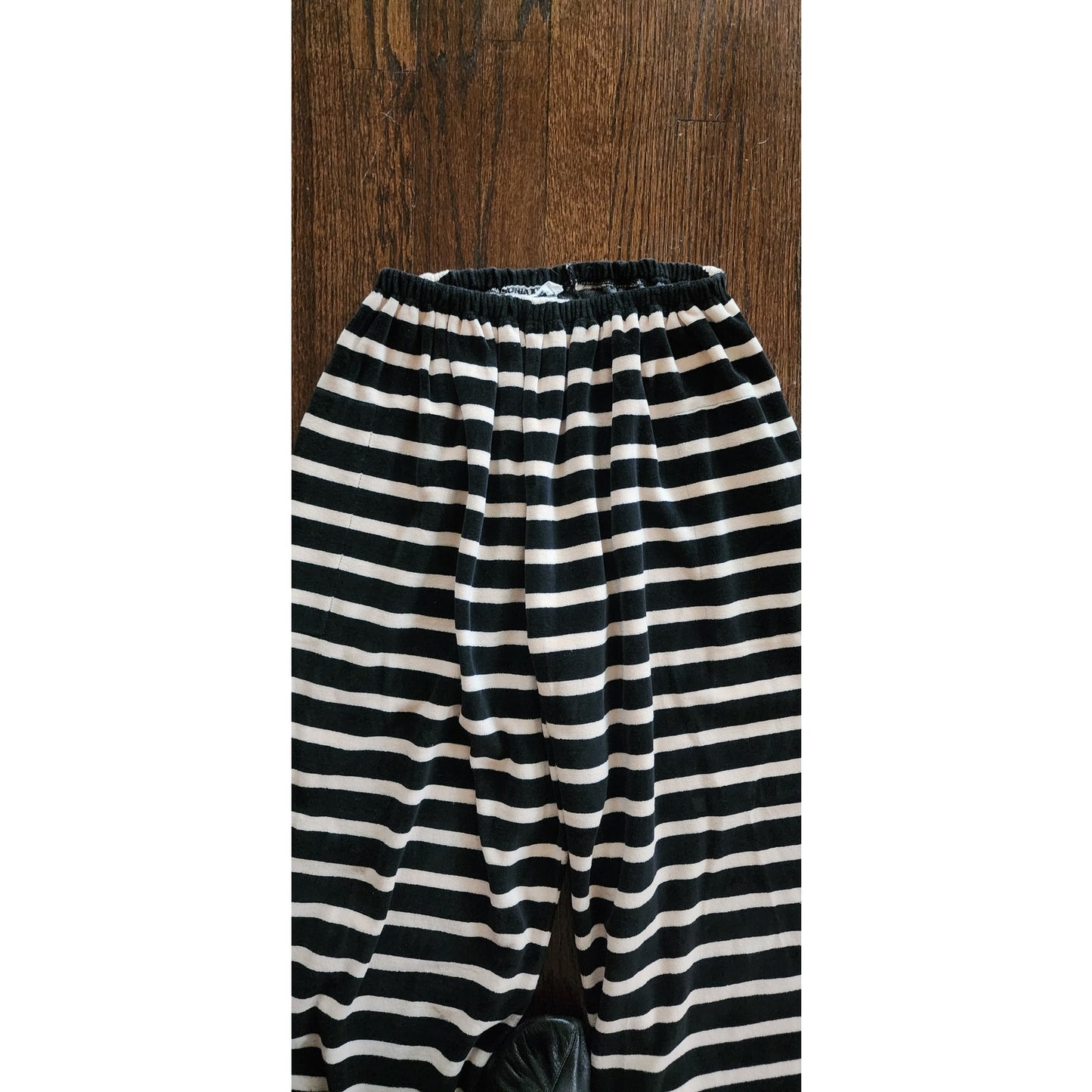 Vintage 1980s Sonia Rykiel Pants Black White Striped Velour Elastic Waist
