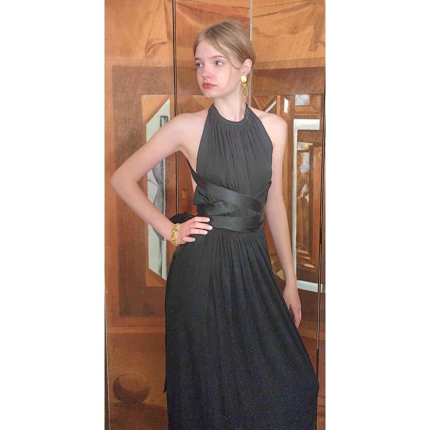 Vintage 70s Donald Brooks Eveing Dress Black Silk Jersey Halter Maxi Gown