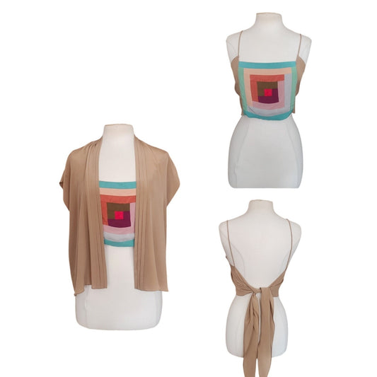 Vintage 1980s Hino Malee Geometric Top + Jacket Set Beige Multicolored Silk