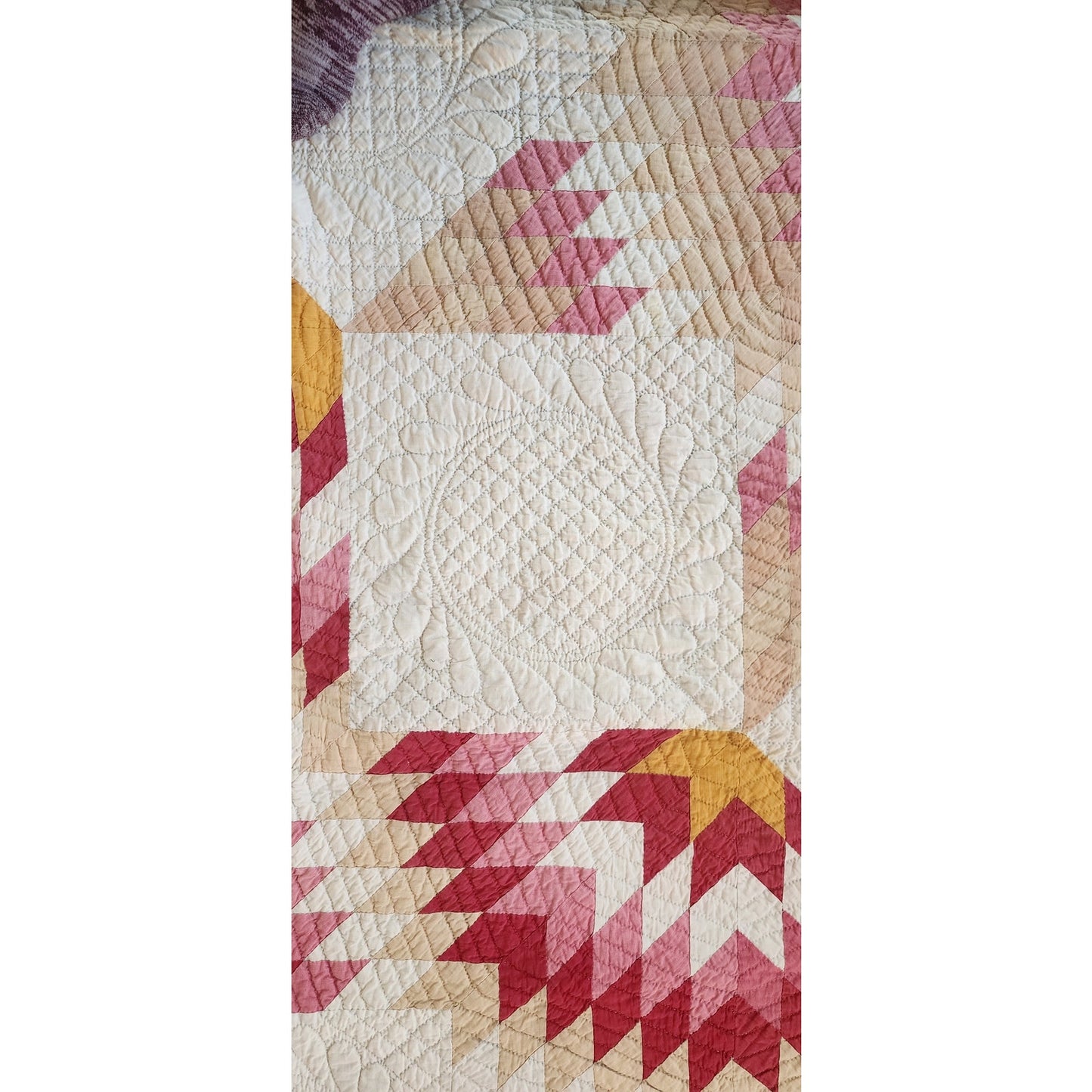 Antique American Quilt 1800s Broken Star Feather Wreath Hand-Quilted Cotton Pink Cheddar