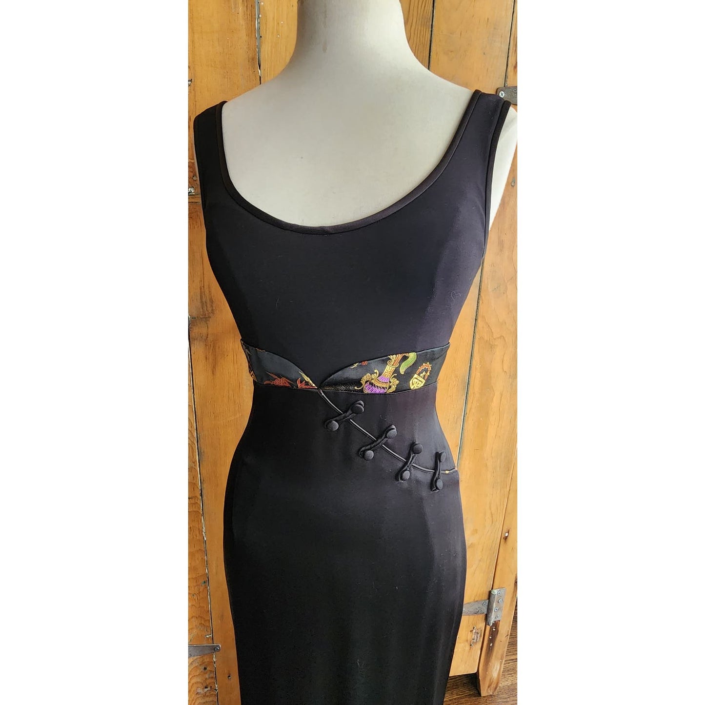 Vintage 90s Nicole Miller Evening Dress Black w/Chinese Embroidery