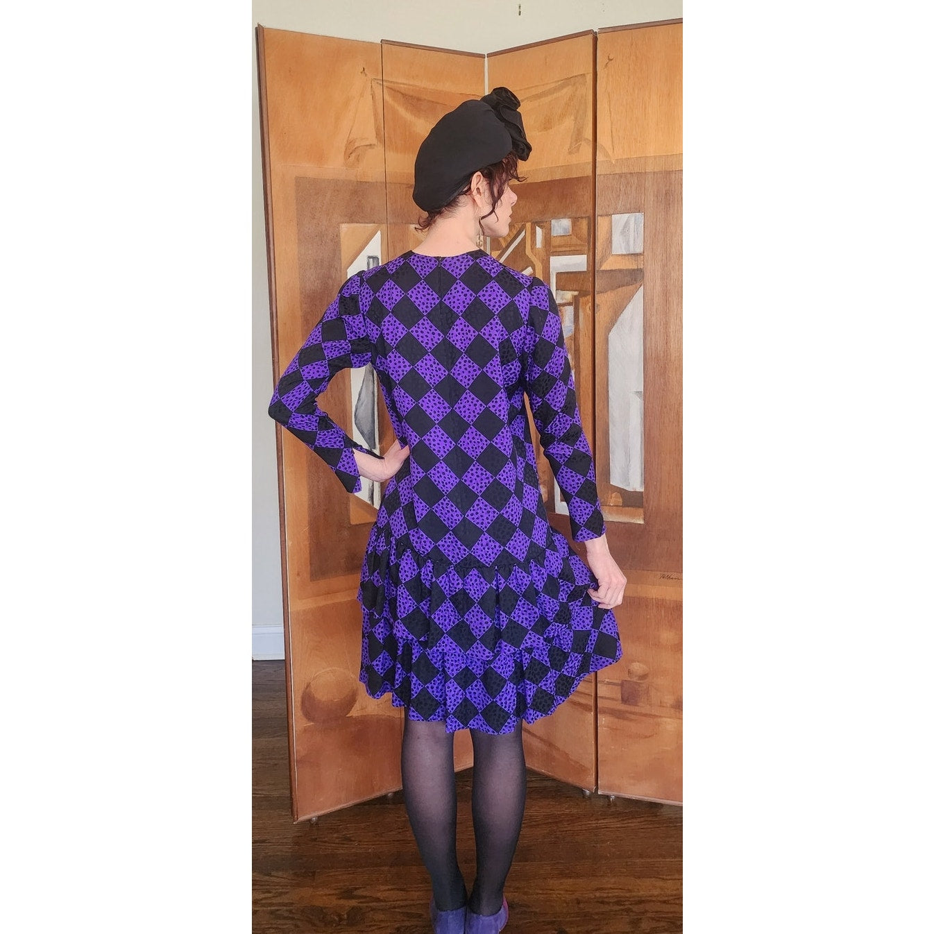 Vintage 80s GIVENCHY Silkprint Dress Purple Black Harlequin Diamonds Long Sleeved