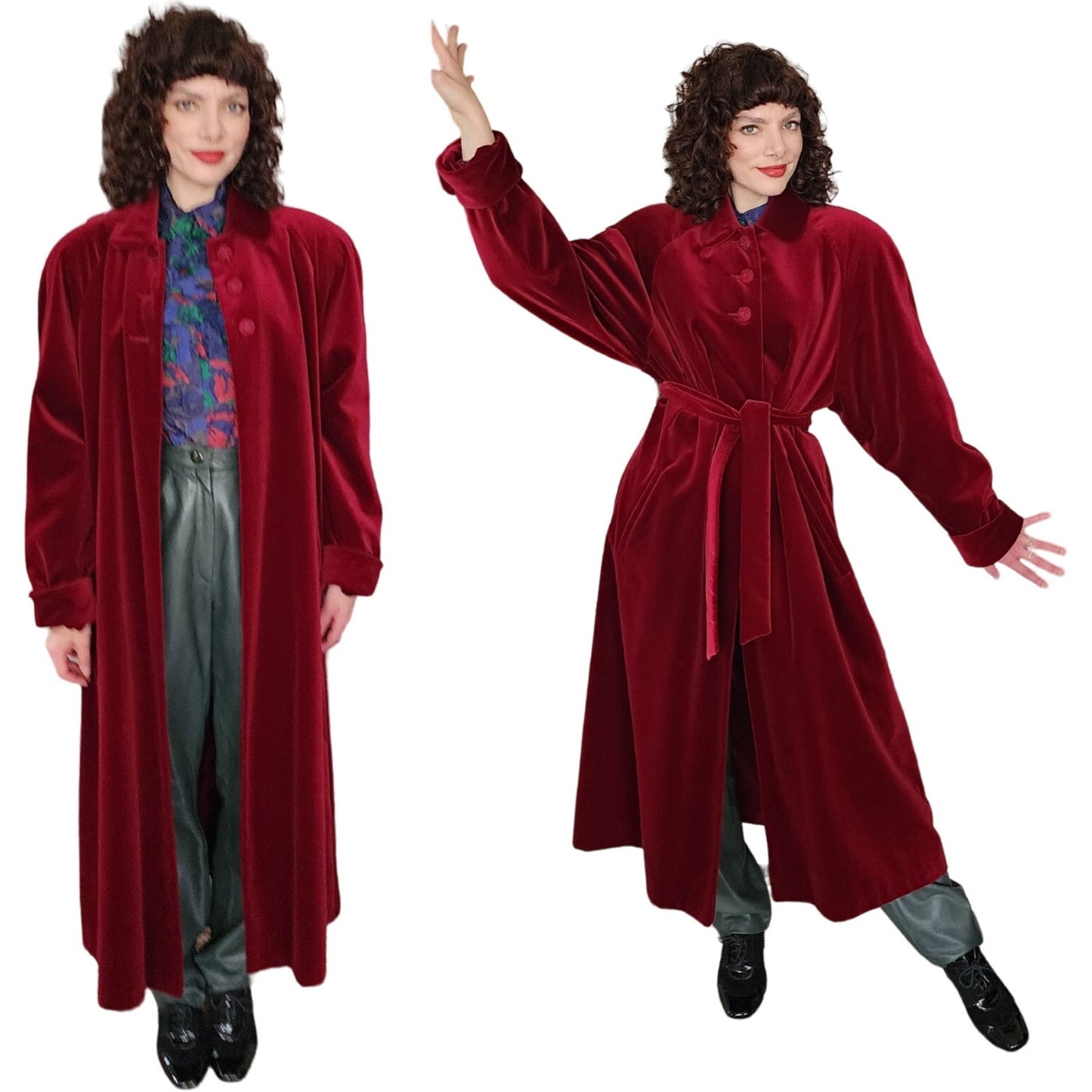 Vintage 80s Red Velvet Coat Raglan Sleeves, Belted