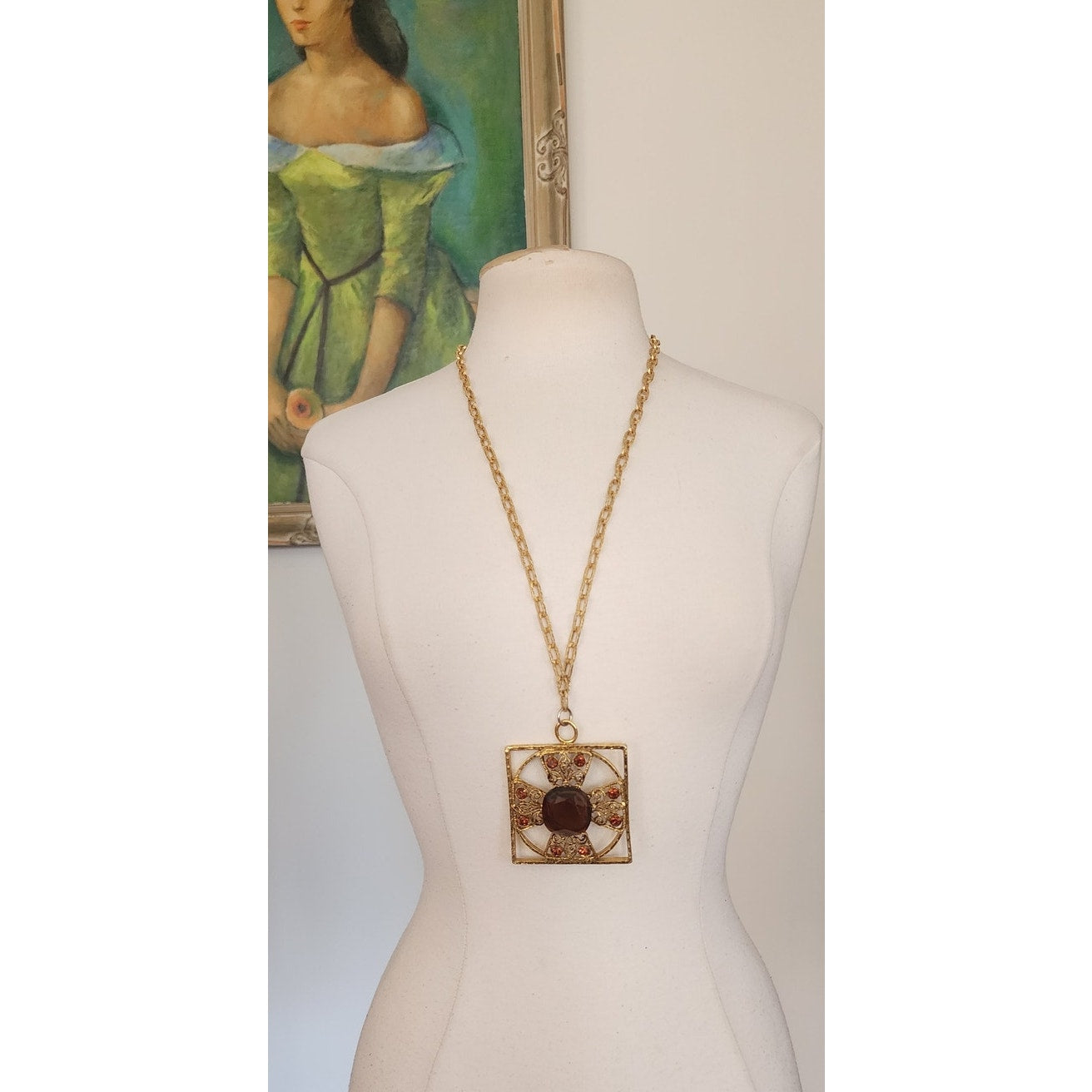 Vintage 60s Baroque Pendant Necklace Maltese Cross Gold Amber Brown Glass