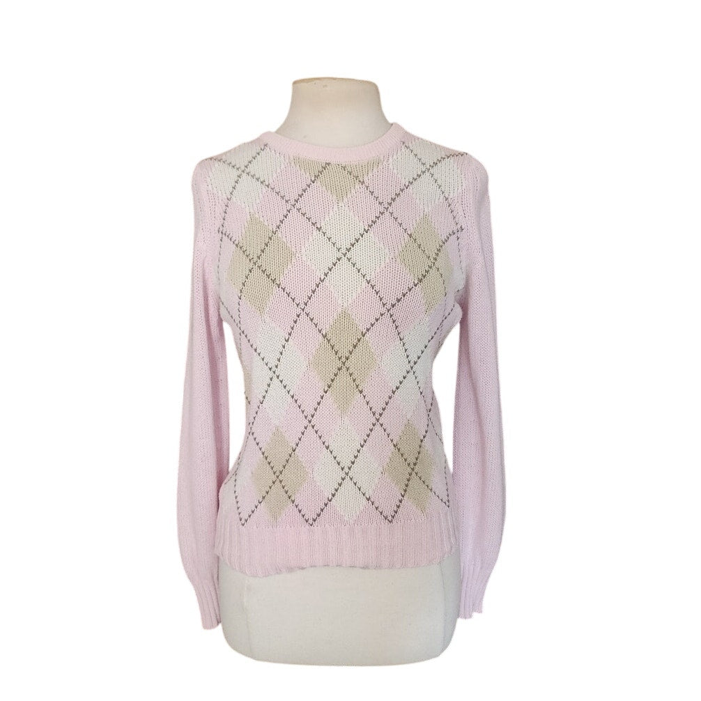 Vintage 1980s Burberrys Sweater Pink Argyle Plaid Preppy Made in Scotland
