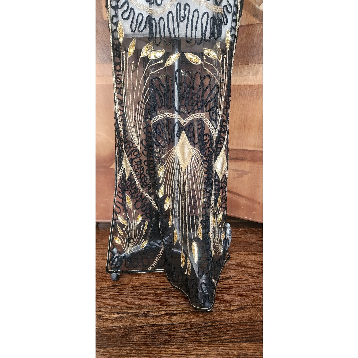 Vintage 80s Tan Chho Duster Sheer Coat Beaded Sequined Embroidered Evening Jacket Black Gold