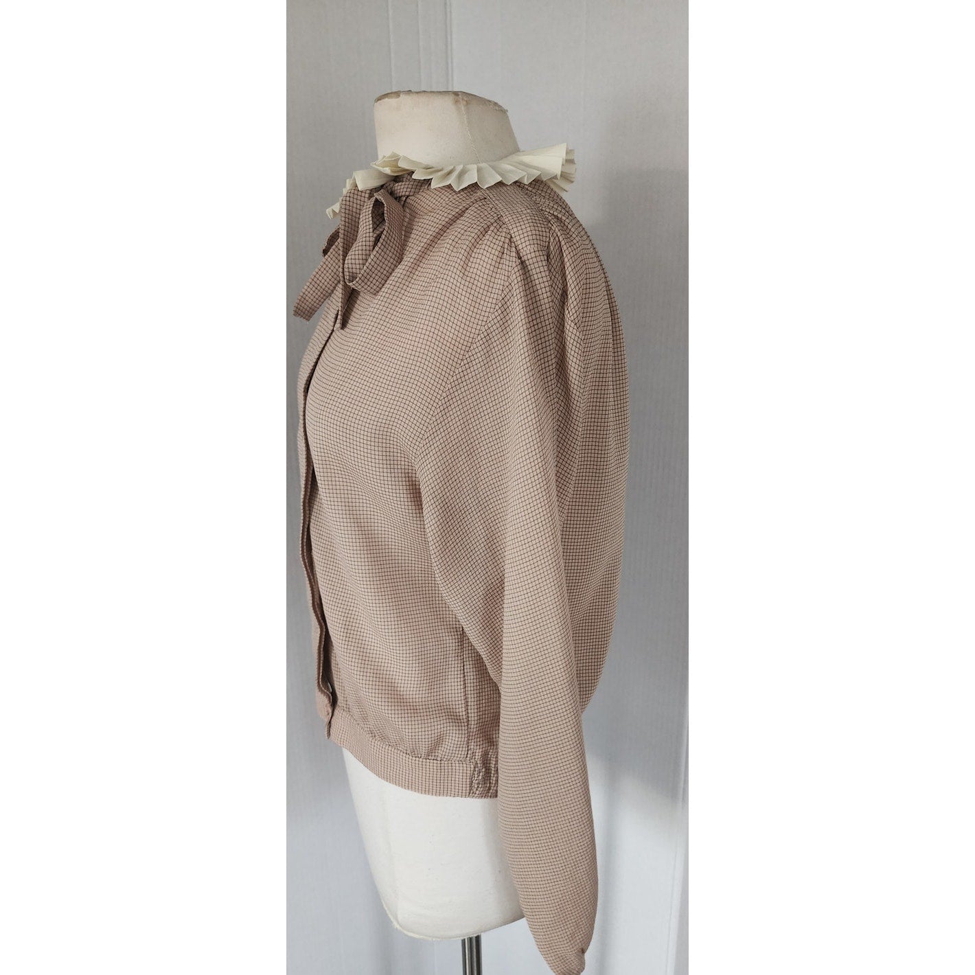 Vintage 80s Beige Blouse Microgrid Print Pleated Ruffled Collar  Pierre Cardin