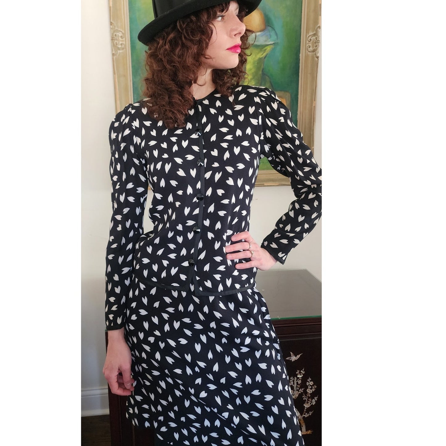 Vintage 1970s Yves Saint Laurent Skirt Suit Heart Print Silk Black White / S