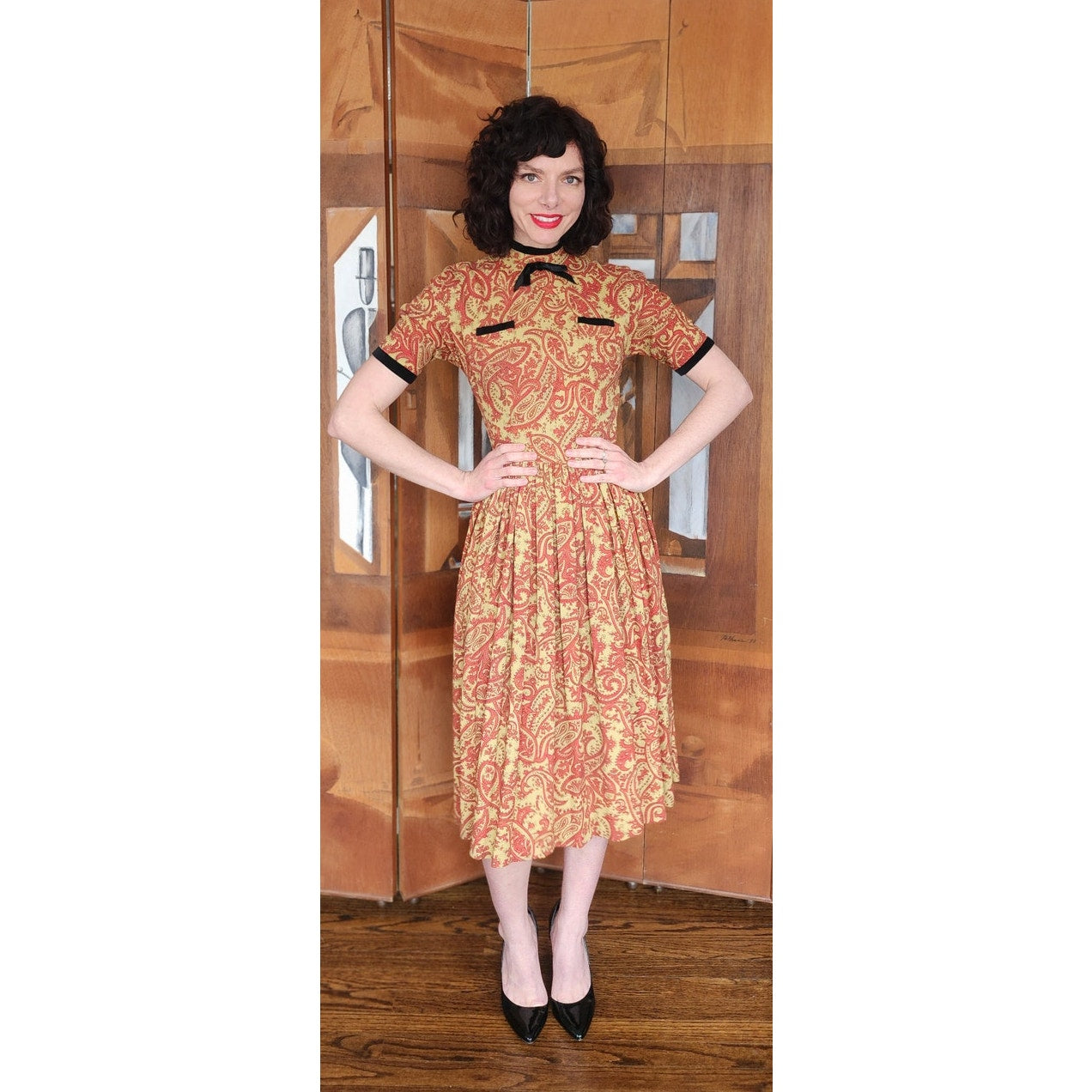 Vintage 50s Orange Paisley Print Midi Dress Carole King Junior Fashions / XS