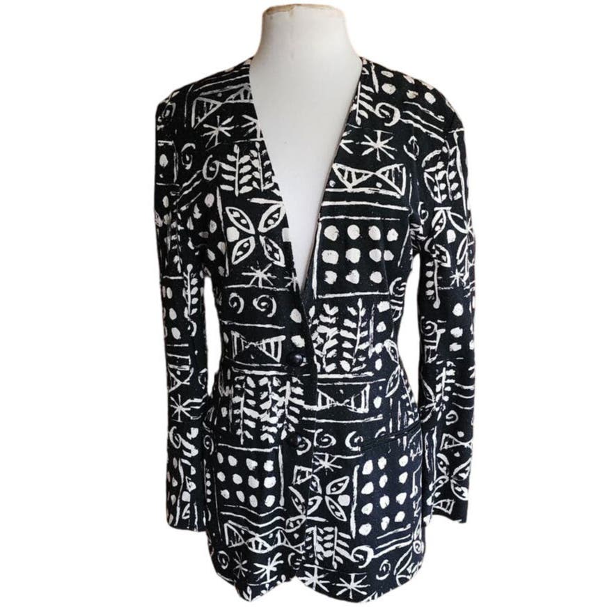 Vintage 80s Blazer Black White Bold Graphic Print Raw Silk