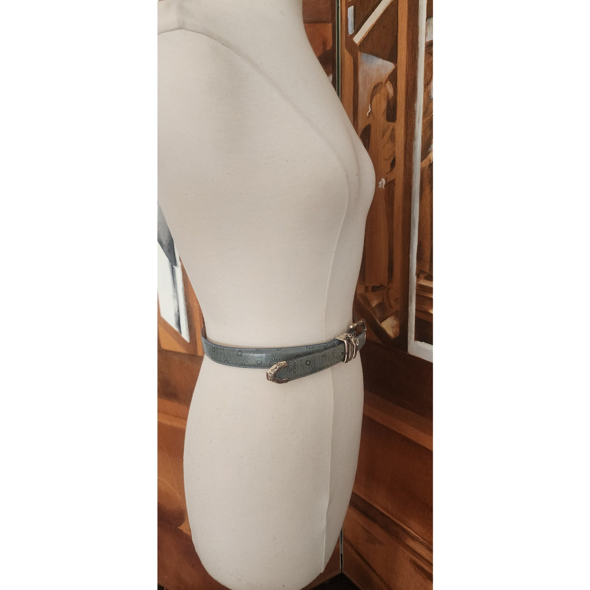 Vintage 1990s Brighton Belt Baby Blue Tooled Leather Silver Charms Waist 28