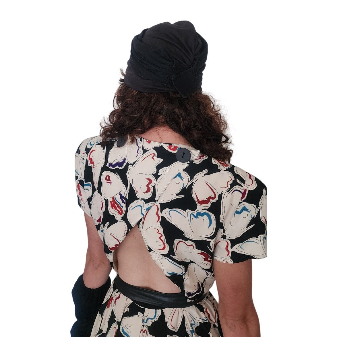 Vintage 1980s Krizia Dress Silk Abstract Print Puff Sleeves Open Back Midi IT 40