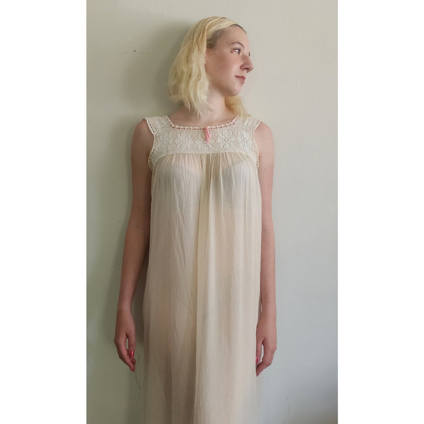 Vintage Edwardian Nightgown Chemise Slip Dress Dress Cream Crochet Lace / M