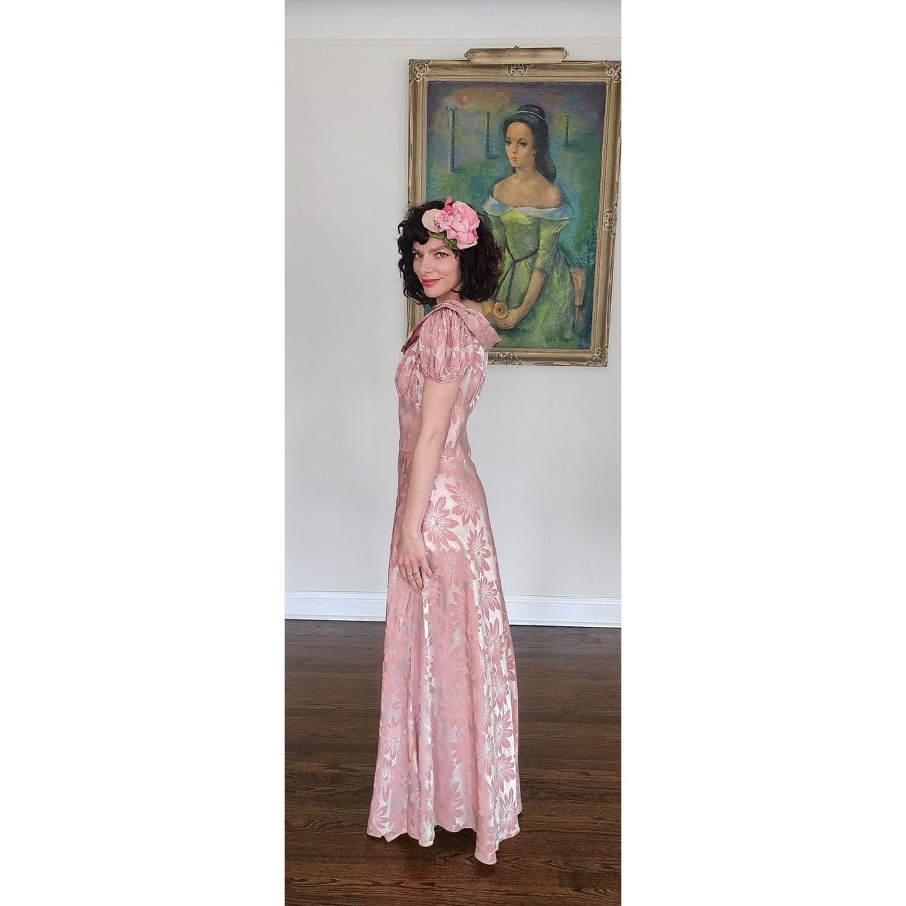 Vintage 30s Vintage Pink Floral Satin Evening Gown Old Hollywood Prom Dress