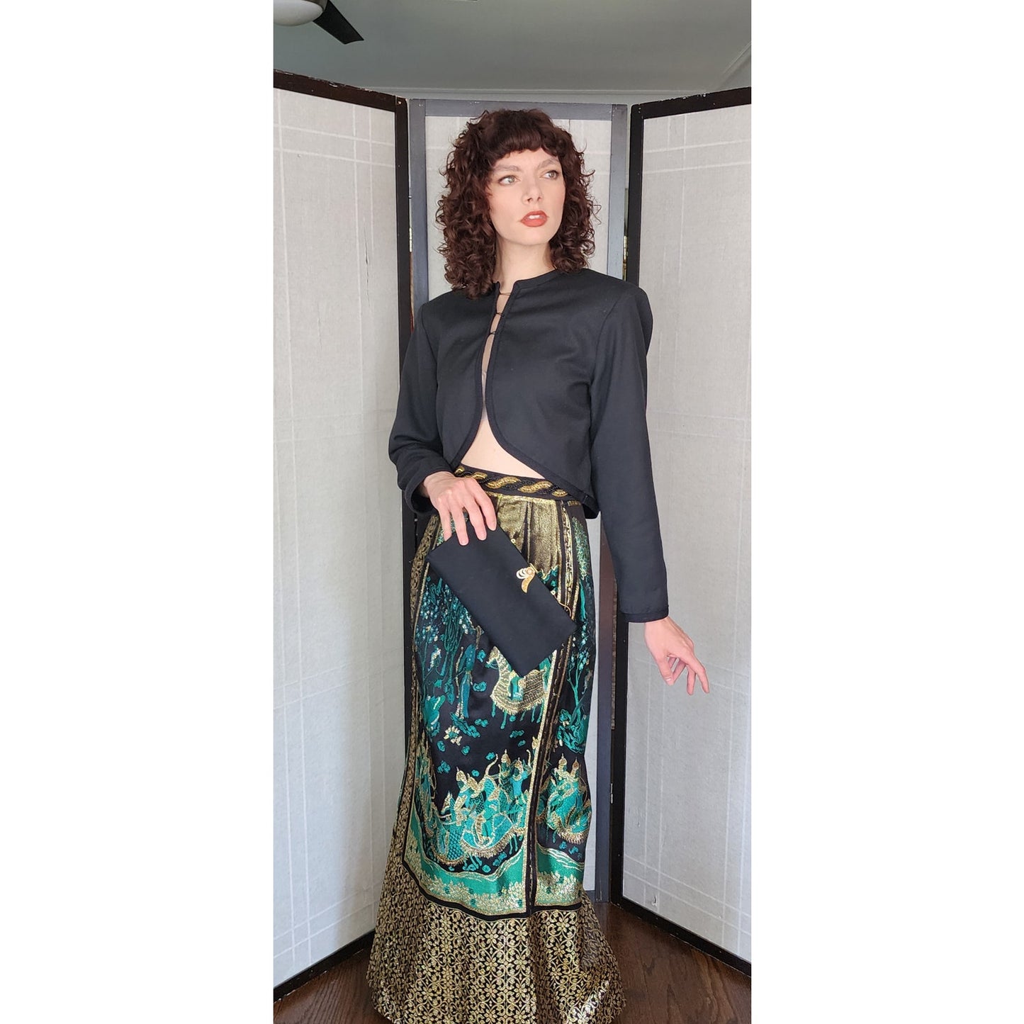 Vintage 50s Evening Bag Black Silk Clutch w/Gold Rhinestone Clasp