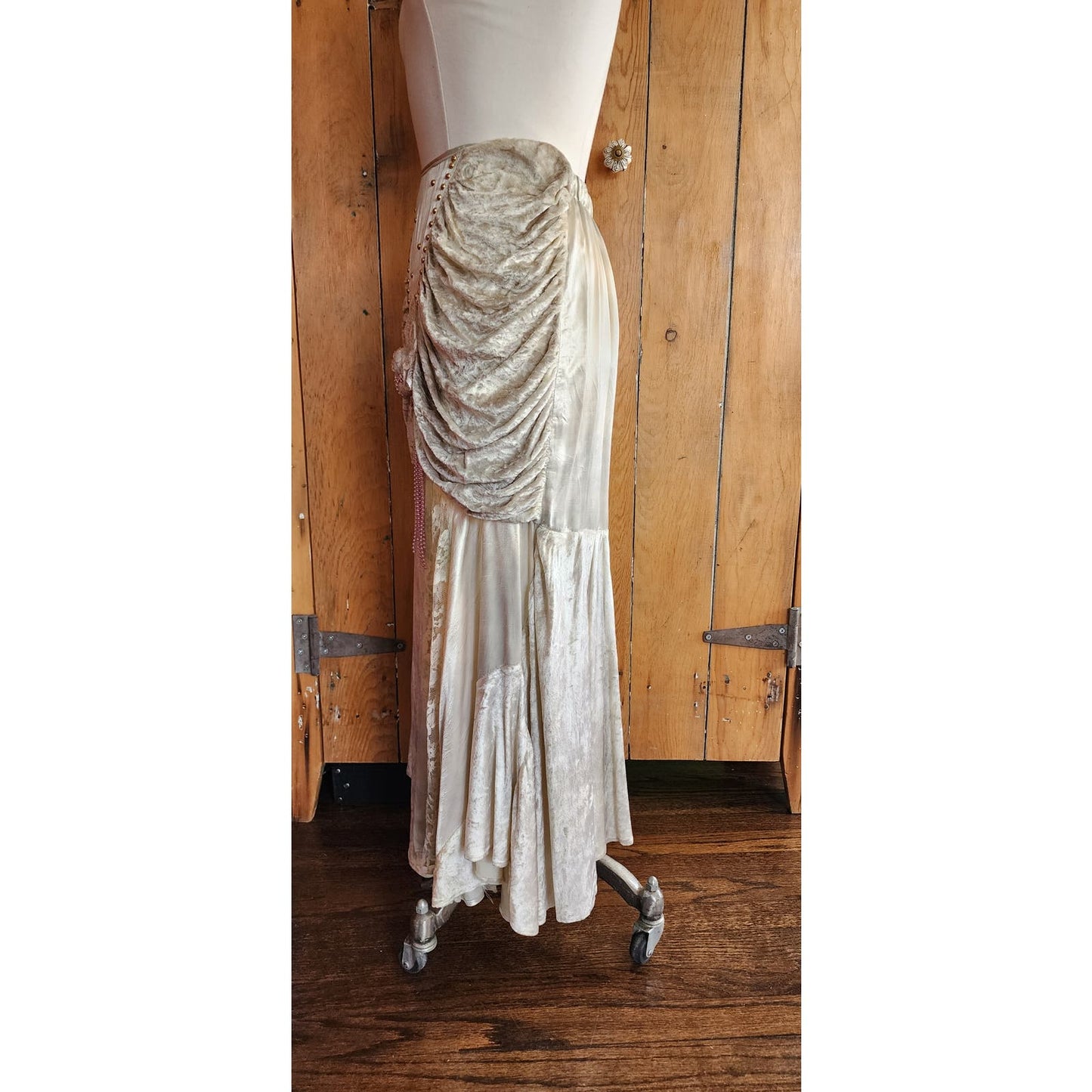 Vintage 80s Long Velvet Skirt Maick Harold, Asymmetrical w/Lace, Beads