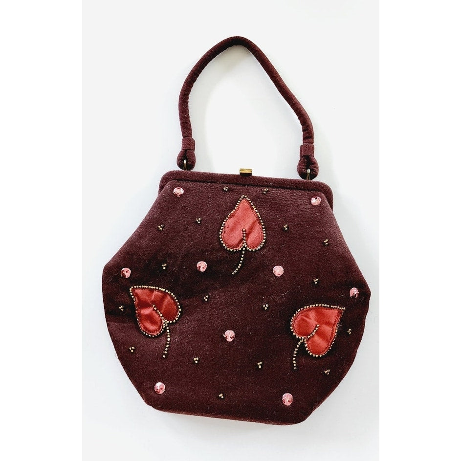 Vintage 40s Brown Bag Embroidered Copper Red Leaves Soure'