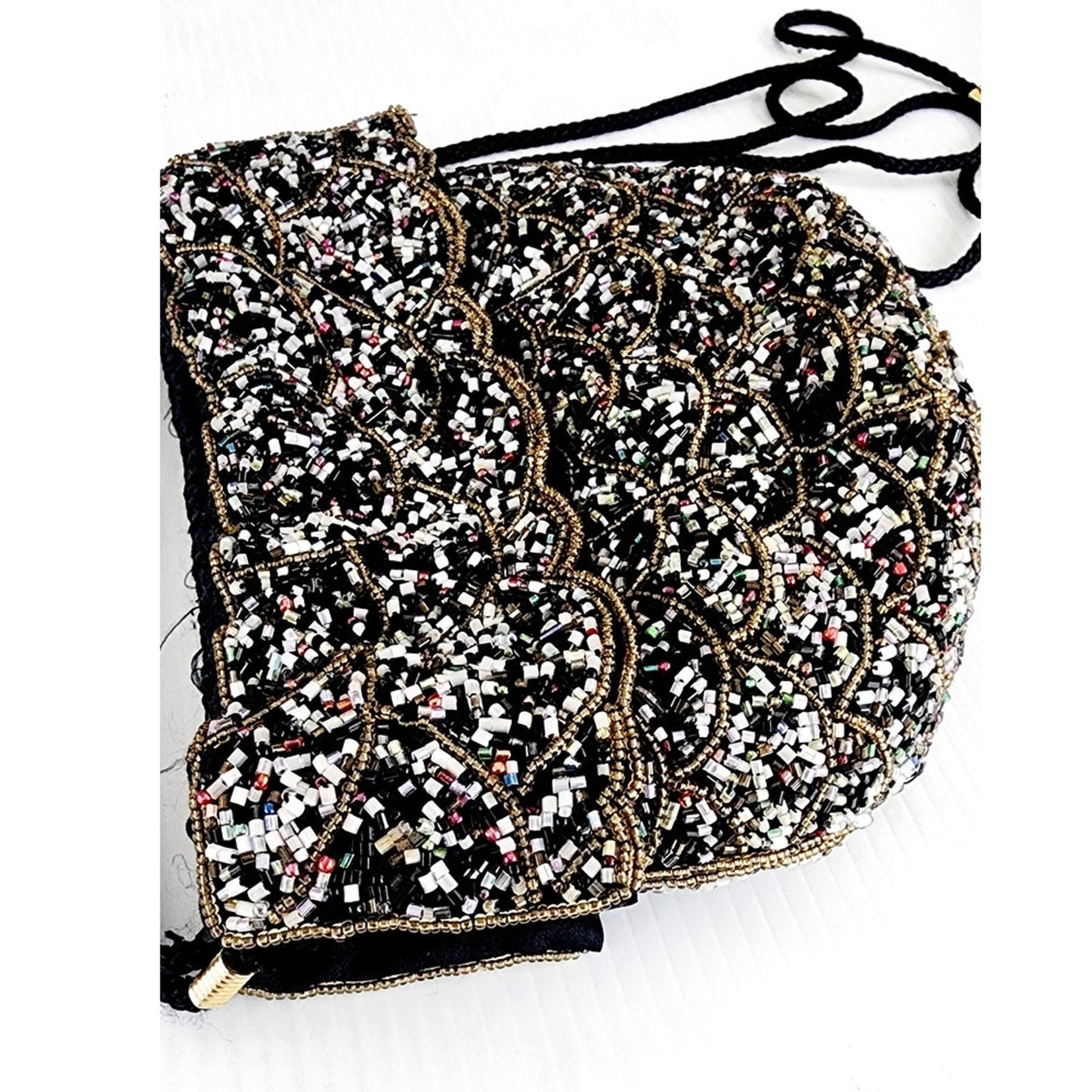 Vintage Beaded Evening Bag Black Silk Drawstring Crossbody Purse