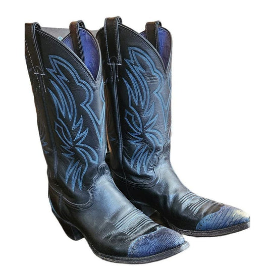 Vintage 70s Ladies Justin Cowboy Boots Blue Snakeskin Tooled Leather 9