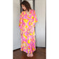 60s Silk Caftan Dress Pink Yellow Psychedelic Print Lord & Taylor