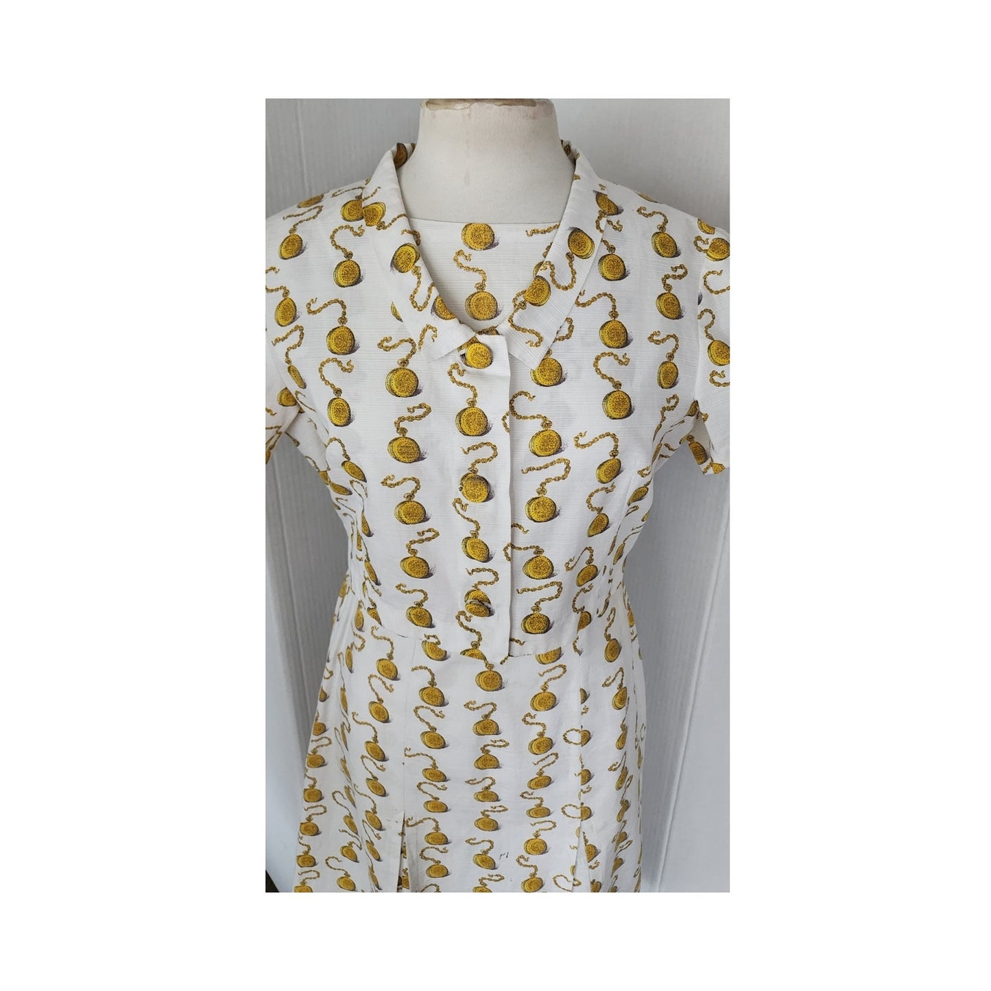 Vintage 60s Clocks Novelty Print Dress + Jacket Set Gold Pocket Watch