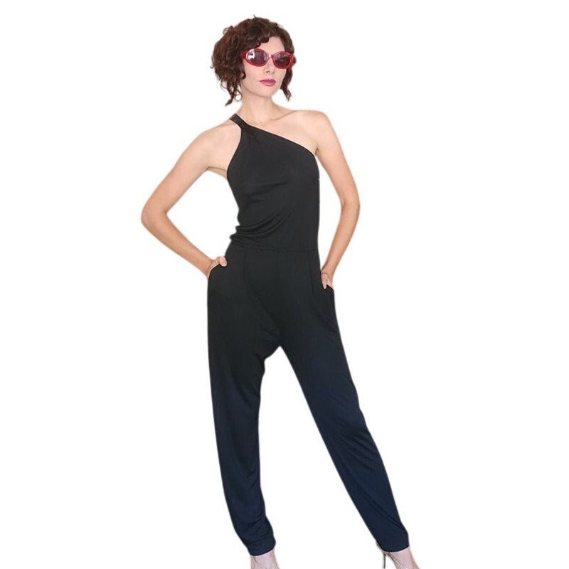 Vintage 1970s Genny by Gianni Versace Jumpsuit Asymmetric Black Rayon One Shoulder Snakeskin Trim Small