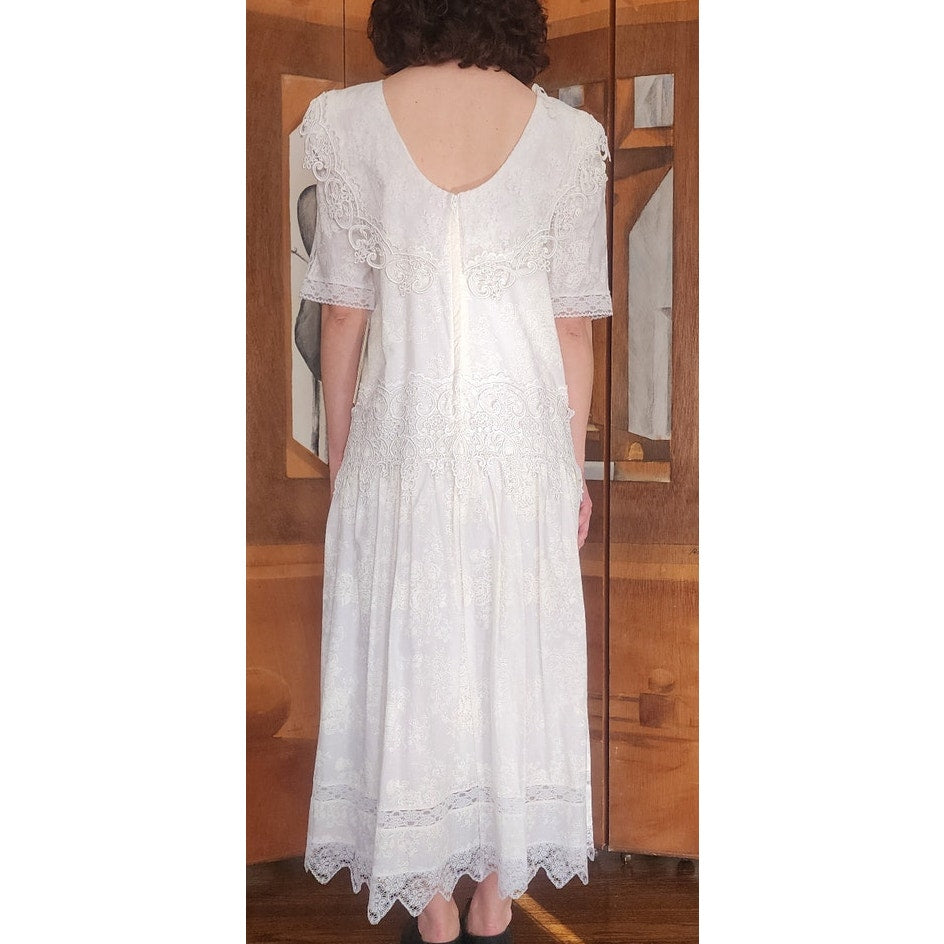 Vintage 80s Scott McClintock White Lace Dress Drop Waist Puffed Sleeves NWT
