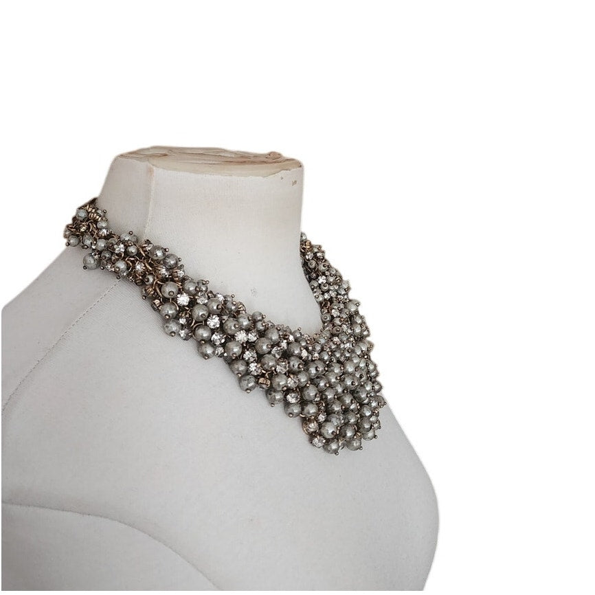 Vintage 2000s Weekend Max Mara Bib Necklace Metallic Cluster Choker Faux Pearl Crystal Cluster