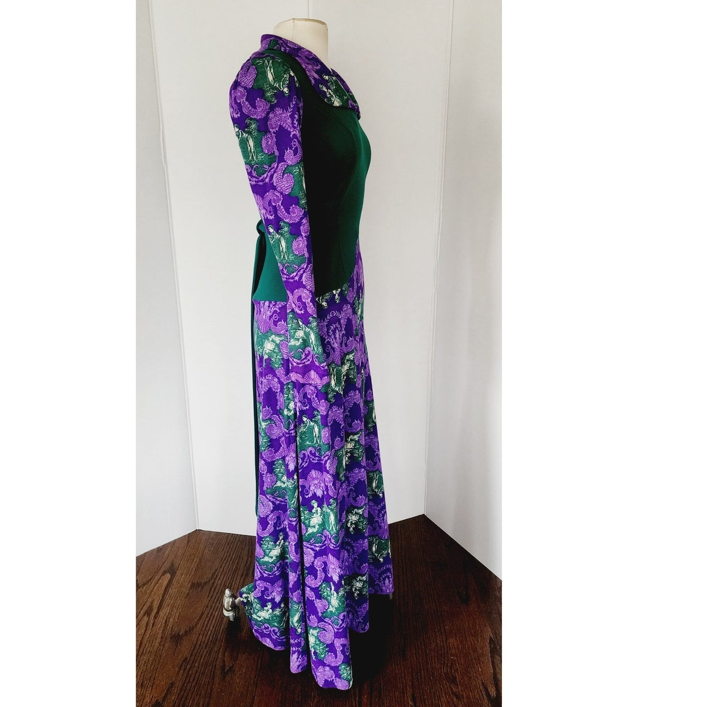 Vintage 70s Maxi Dress Purple French Toile Print & Hunter Green Jody California