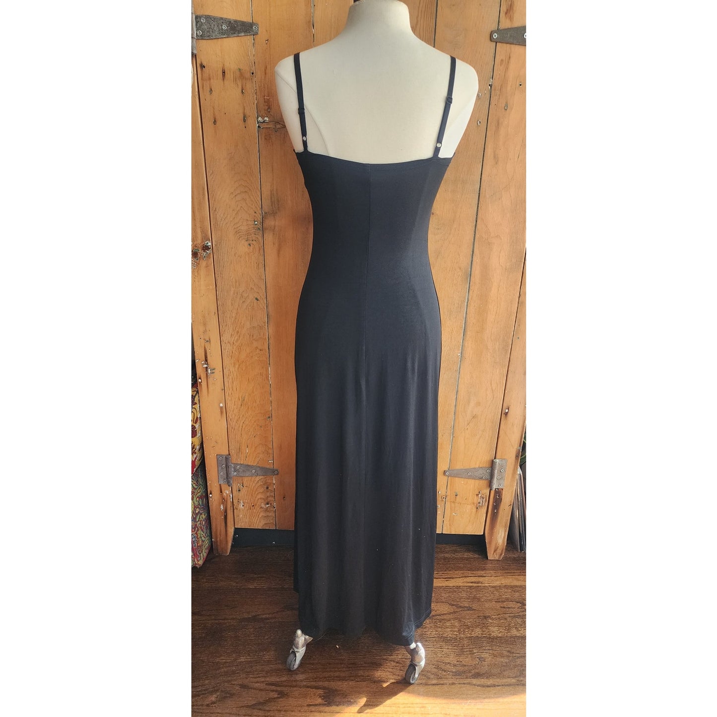 Vintage Black Negligee Slip Dress Lace Trim Spaghetti Straps / M