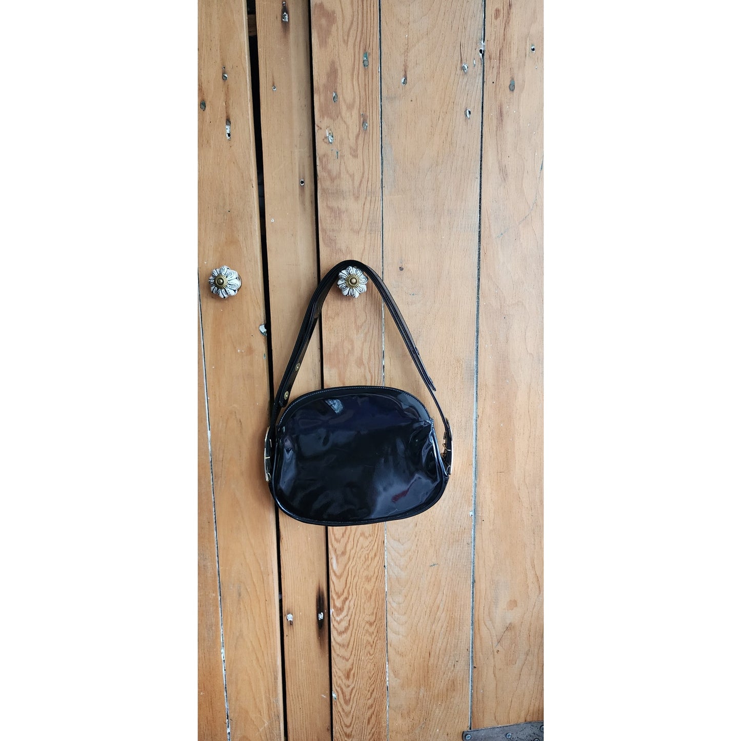 Vintage 60s Mod Black Purse Patent Leather Convertible Shoulder Bag