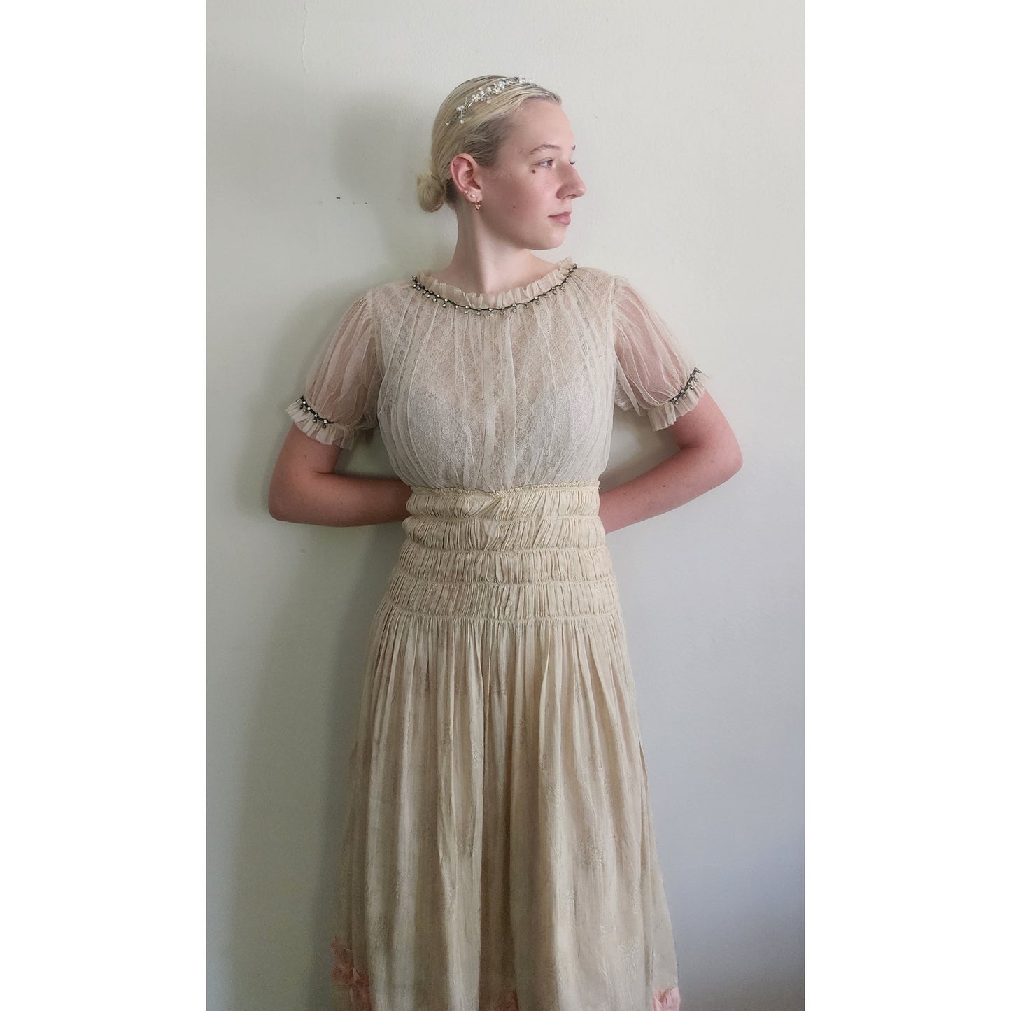 Vintage 1930s Cream Silk Dress Lace & Rhinestone Embroidery