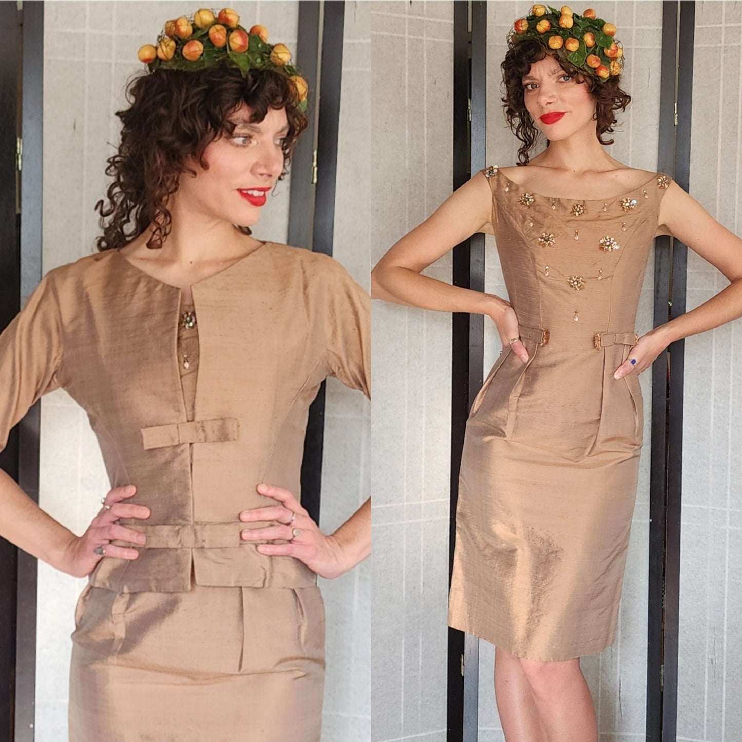 Vintage 50s Beige Silk Dress Suit w/Rhinestones