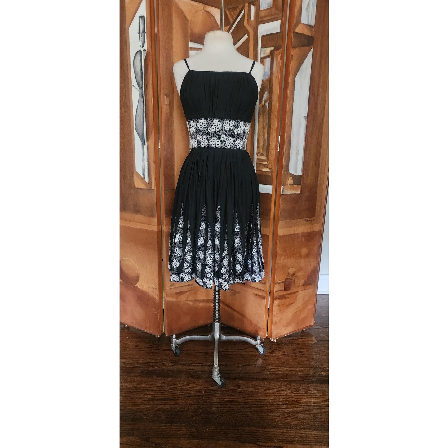 Vintage 1950s Patio Dress Black + White Embroidery Spaghetti Straps / S