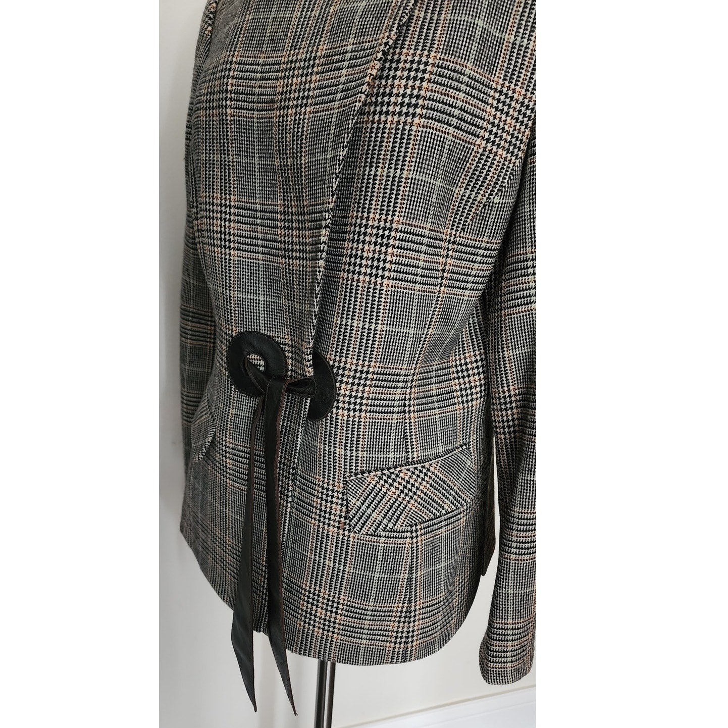 Vintage 2000s Armani Collezioni Blazer Wool Plaid Jacket Leather Sash Tie