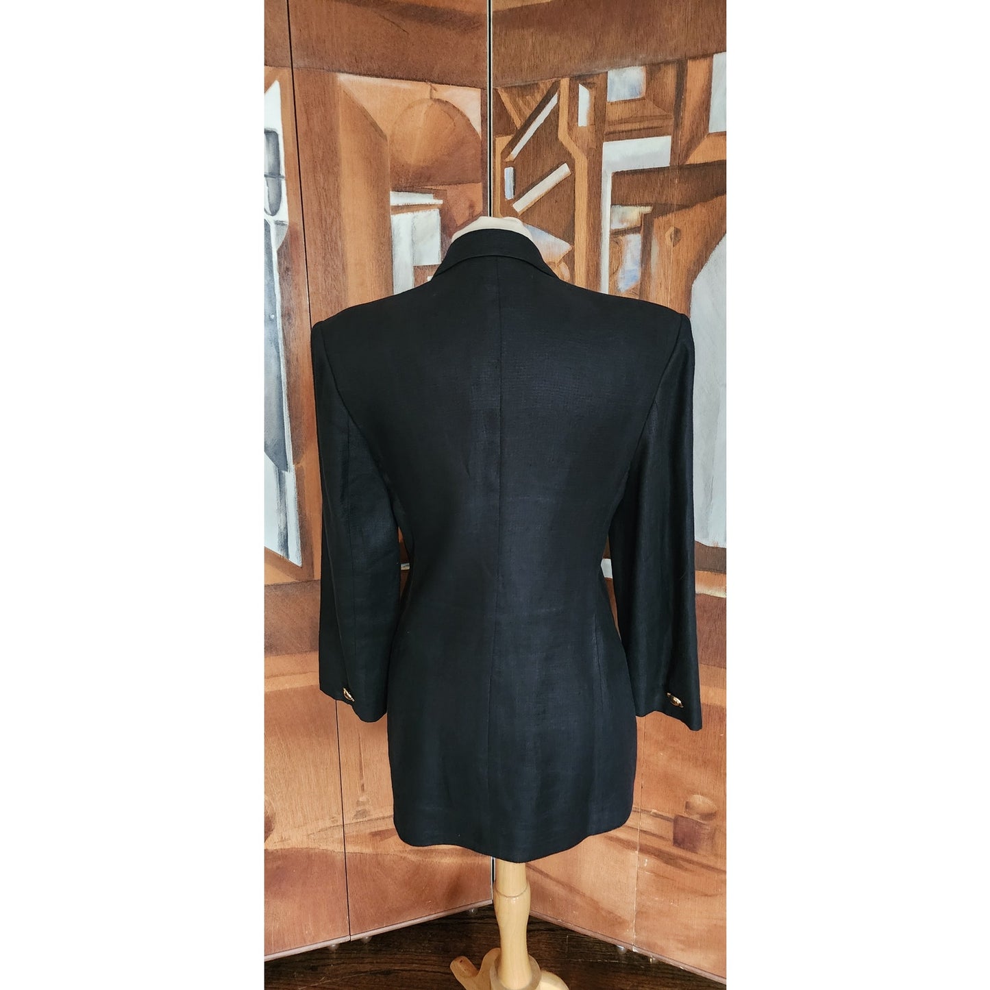 Vintage 80s GENNY Blazer Black Linen Jacket Hip Length Double Breasted Gold Buttons / M