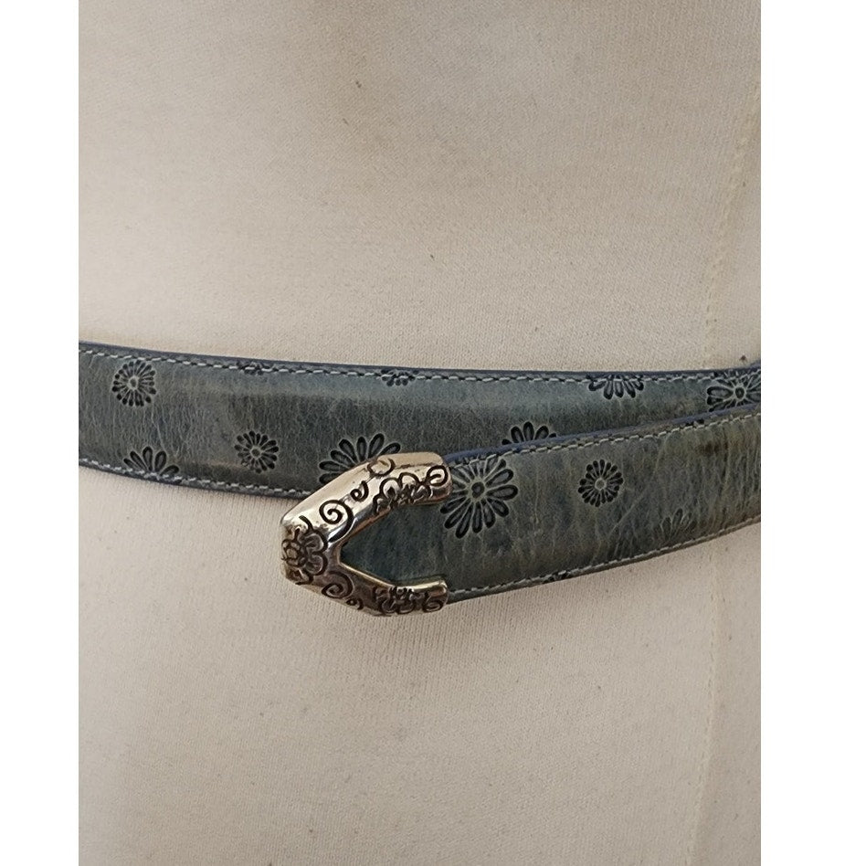Vintage 1990s Brighton Belt Baby Blue Tooled Leather Silver Charms Waist 28