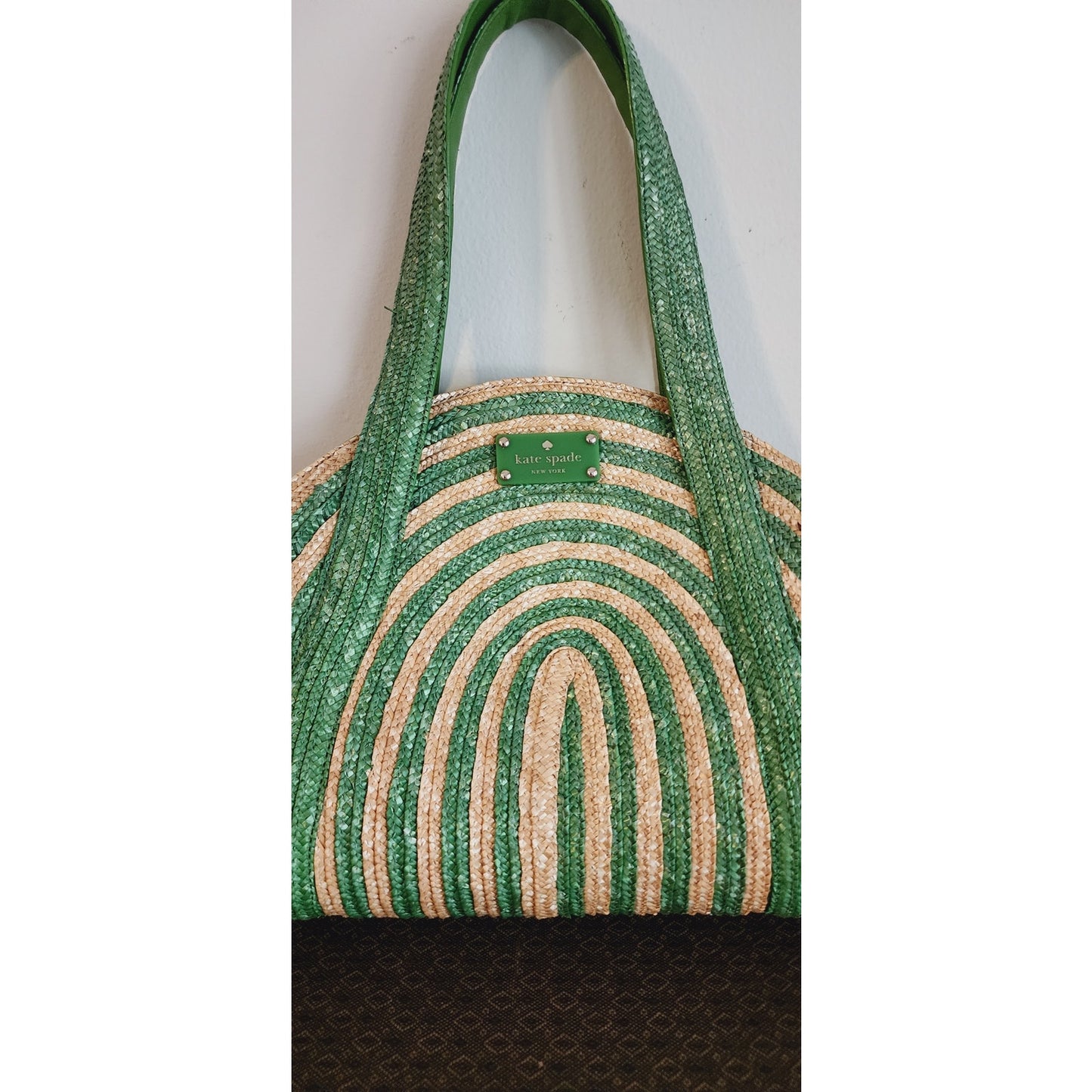 Vintage Kate Spade Straw Tote Bag Lawn Party Green Beige NWOT