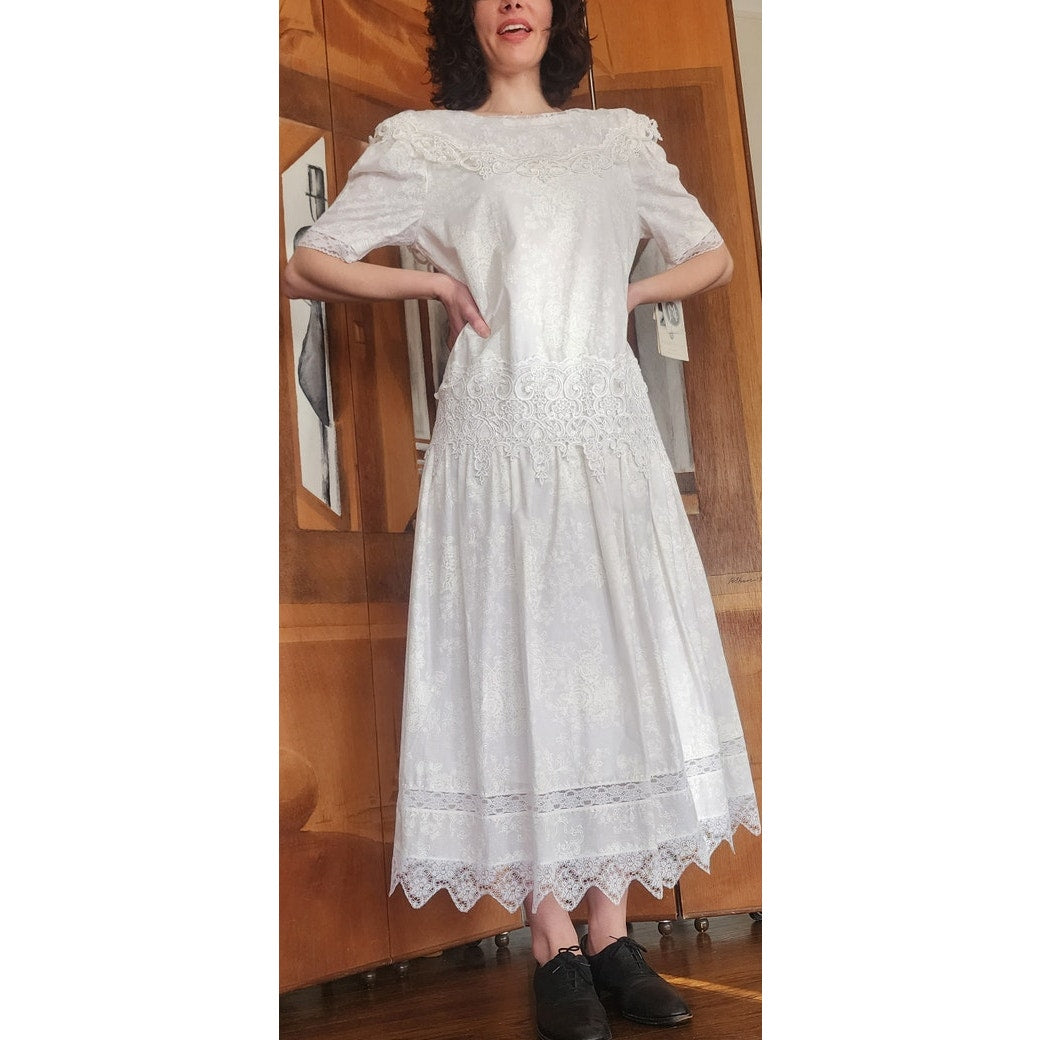 Vintage 80s Scott McClintock White Lace Dress Drop Waist Puffed Sleeves NWT