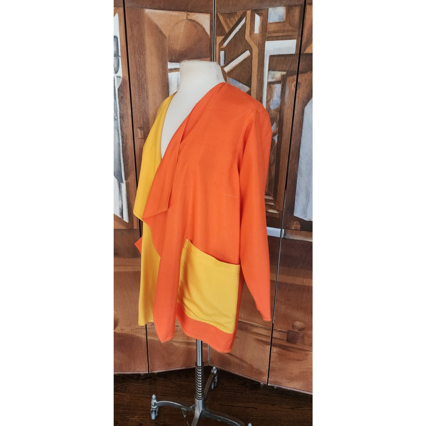 VTG 90s Duster Jacket Silk Yellow Orange Colorblock Blazer Victoria March Chicago