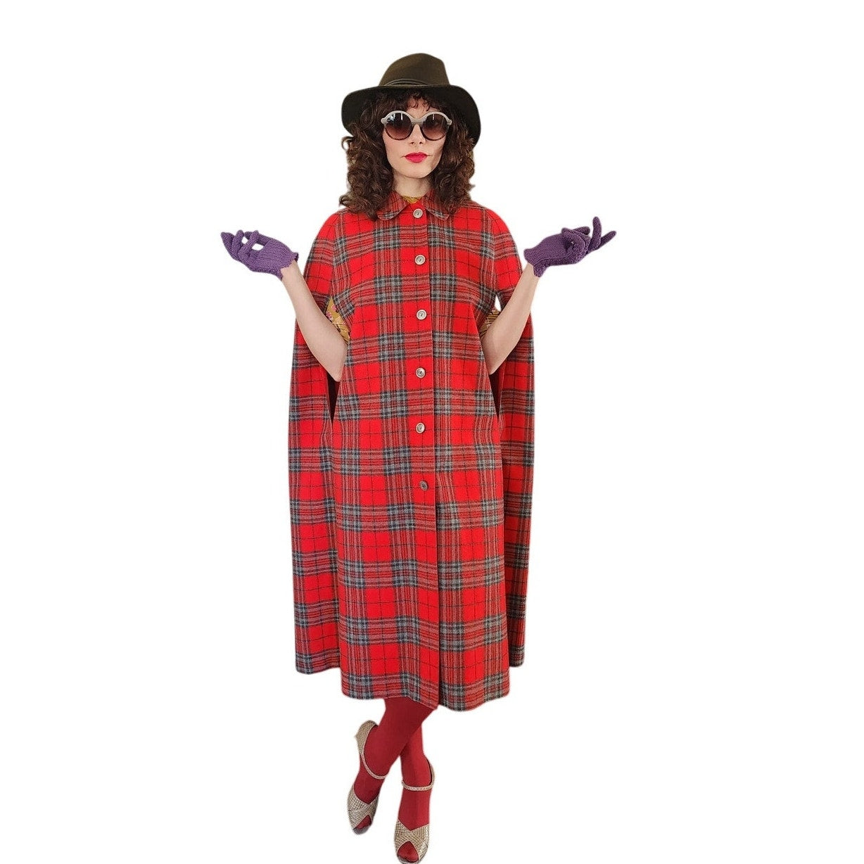 Vintage 60s Cape Red Plaid Reversible Cloak