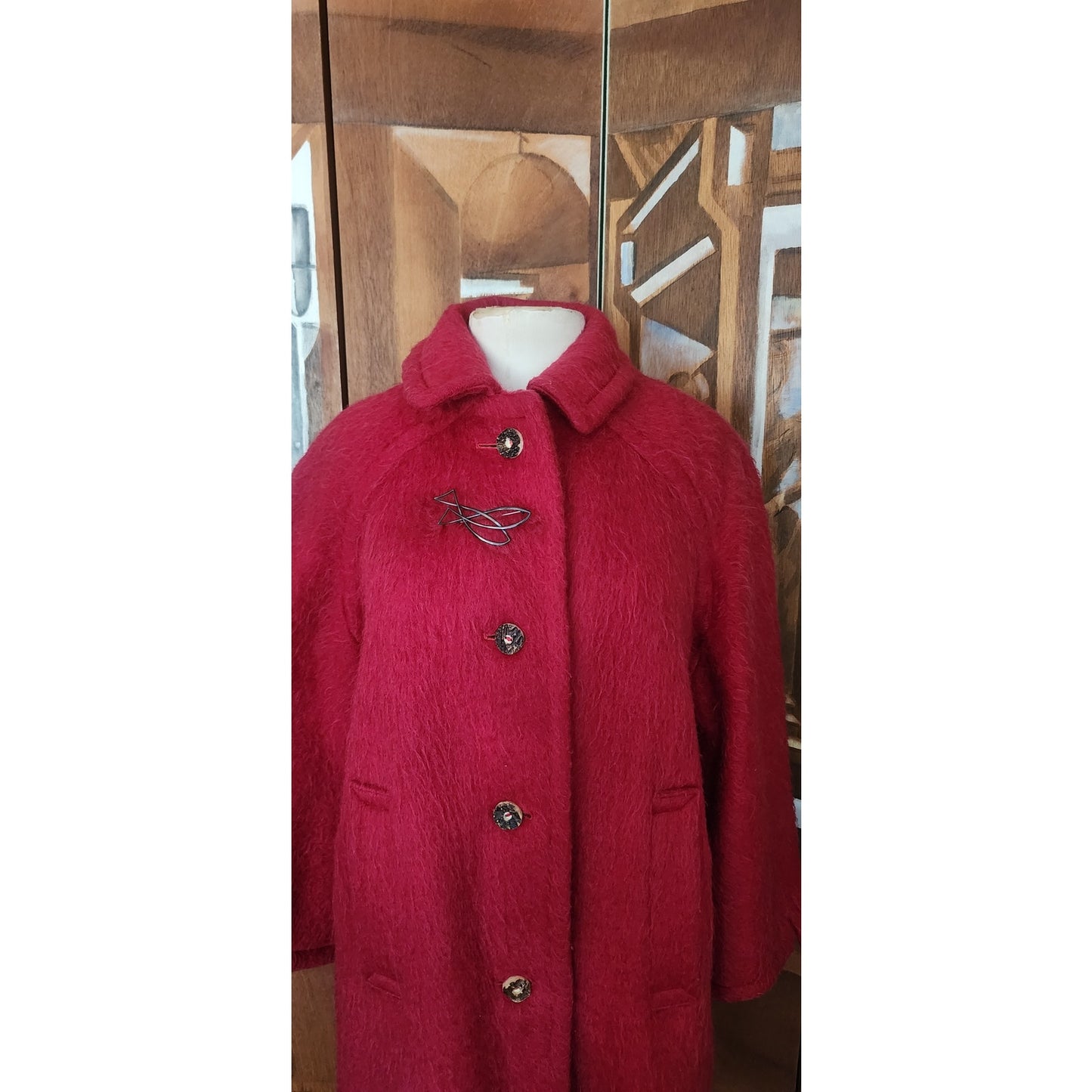 Vintage 1960s Loden Plankl Red Wool Coat Austrian Trachten Alpine Silver Fish Pin