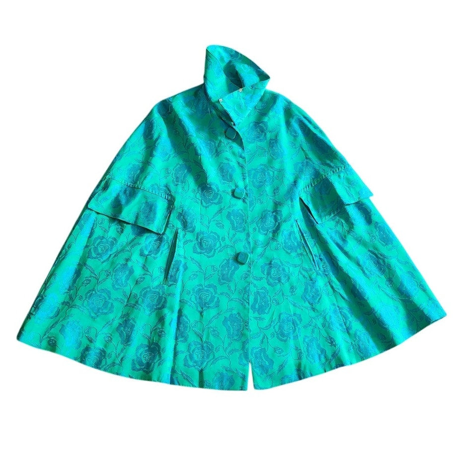 Vintage 60s Swing Coat Short Cape Style Jacket Blue Floral Brocade