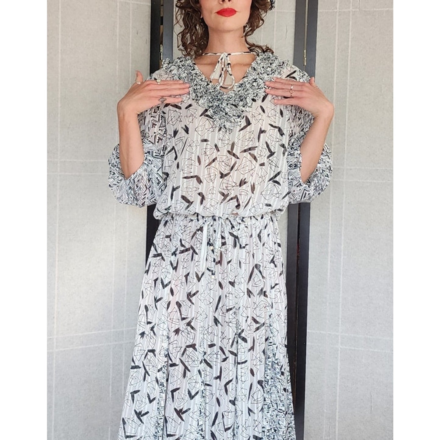 Vintage 1980s Diane Freis Fishtail Skirt Blouse Set Black White Georgette Graphic Print