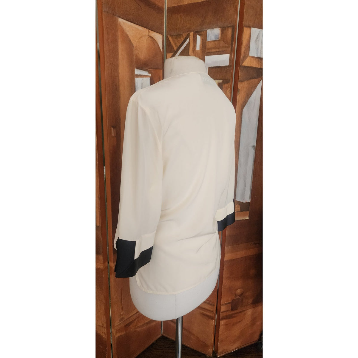 Vintage 1990s Gianfranco Ferre Cream Silk Wrap Blouse Black Cuffs Asymmetrical Top